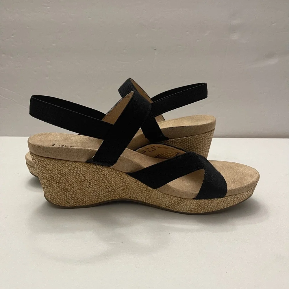 LifeStride Danita Black Wedge Sandals Elastic Straps Raffia Heel Womens‎ 9.5M